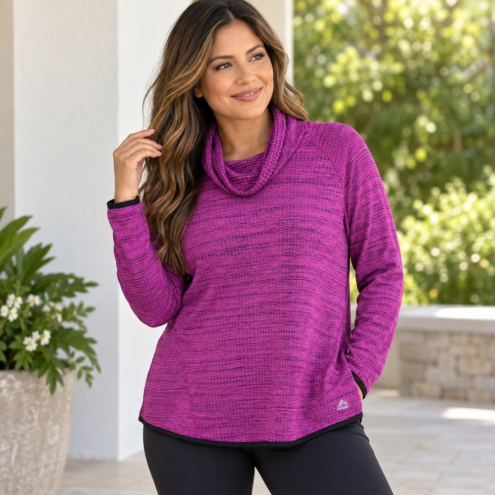 RBX Womens Magenta Space Dye Cowl Neck Performance Pullover Thumbholes Large